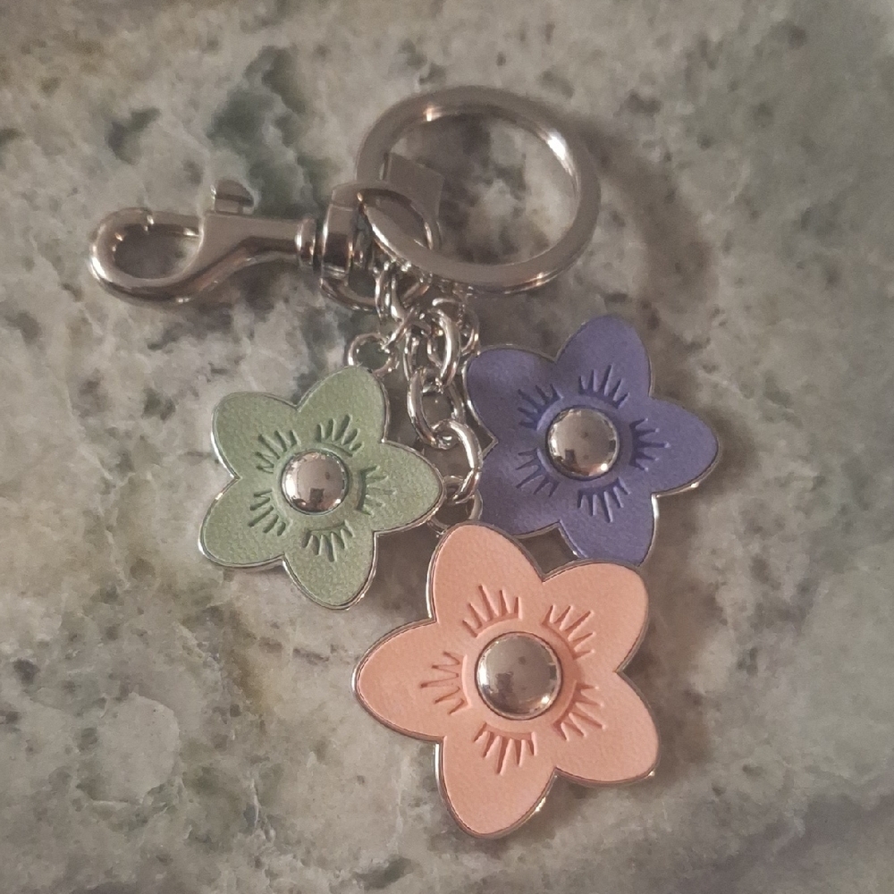 Floral Charm Bag Charm Keychain with Green, Purple, and Peach Accents